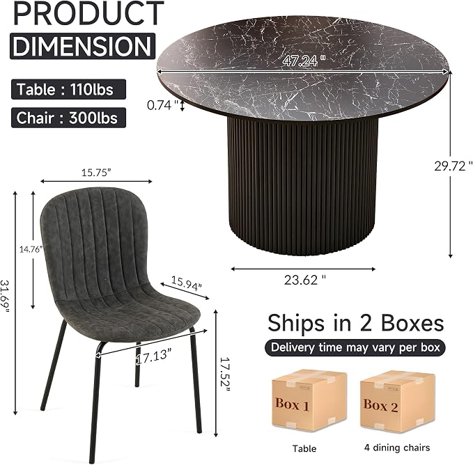 Dining Table Set for 4, 47 Inch Mid Century Modern Faux Marble Round Kitchen Table and Chairs, Space-Saving Small Dinette Set (Black Table+4 Grey Chairs) - Image 2