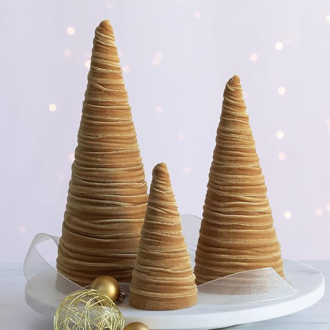 Your Heart's Content Velvet Trees Set of 3 Gold, Handcrafted Minimalist Mantel Decor, Winter Wedding Centerpiece, Valentine Tree Tabletop, Cozy Shelf Sitter (Gold) - Image 5