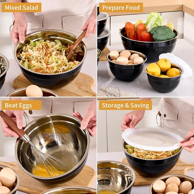 Black Mixing Bowls with Airtight Lids, Stainless Steel Nesting Mixing Bowls Set of 7, Ideal for Baking, Prepping and Serving Food, Size 7, 3.6, 2.7, 2.1, 1.5, 1.1,0.8 QT, Stackable Design - Image 5