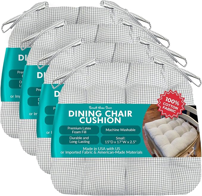 Barnett Home Decor Chair Cushions for Dining Chairs - 15x17 Kitchen Chair Cushions - Machine Washable, 100% Cotton, Made in USA - Latex Foam Comfort Chair Pads - Madrid Grey Gingham Small Pack of 4 by BarnettHomeDecor