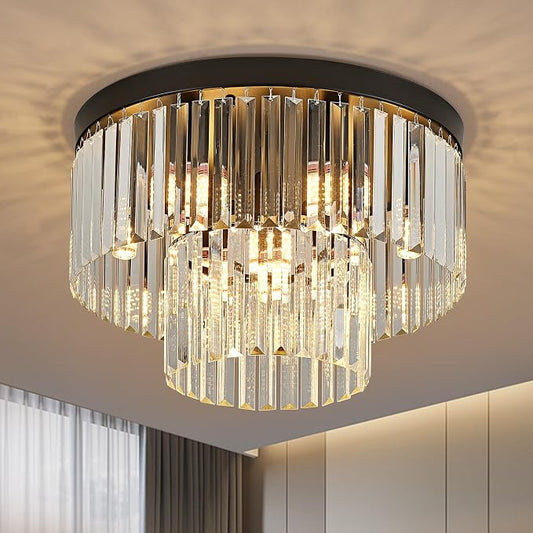 17" 9 Light Black Crystal Ceiling Light for Dining Room | K9 Crystal, Stainless Steel, 2 Tier, E12 Base, Flush Mount, for Kitchen Island Living Room Bedroom Entryway by Faibra