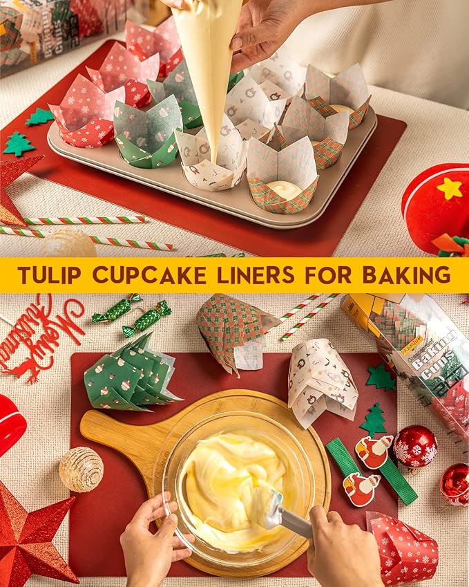 Katbite Christmas Tulip Cupcake Liners 200PCS, Muffin Baking Holders | Greaseproof Baking Cups for Christmas Party, Holiday, Wedding, Birthday, Food Grade Paper Cupcake Wrapper for Muffin - Image 6