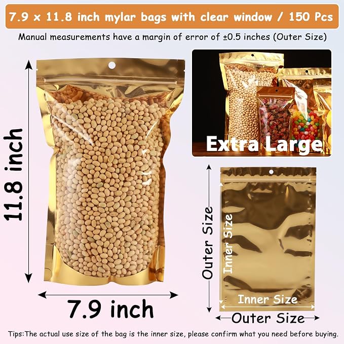 150 Pcs Mylar Bags for Food Storage, 8x12 Mylar Bag with Window Stand Up, Bulk Holographic Resealable Bags Smell Proof Bag Food Packaging for Small Business Freeze Dried Candy Jewelry Foil Packaging - Image 4