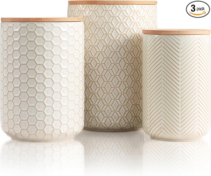 Kook Ceramic Storage Containers, Embossed Pantry & Bathroom Canisters with Airtight Bamboo Lids, Dishwasher Safe Stoneware Jars (40, 65, 100 oz), Set of 3, Narbonne Collection (Ivory) by Kook