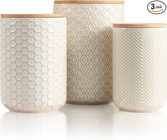 Kook Ceramic Storage Containers, Embossed Pantry & Bathroom Canisters with Airtight Bamboo Lids, Dishwasher Safe Stoneware Jars (40, 65, 100 oz), Set of 3, Narbonne Collection (Ivory) by Kook