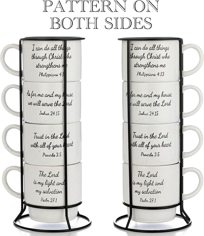 Signature Housewares Stackable Coffee Mug Tower Set with Metal Wire Rack - 15 Ounce Coffee Mugs for Coffee, Tea, Cocoa, Milk, Cappuccino, Hot Chocolate Set of 4 - Inspirational Bible Verses - Image 3