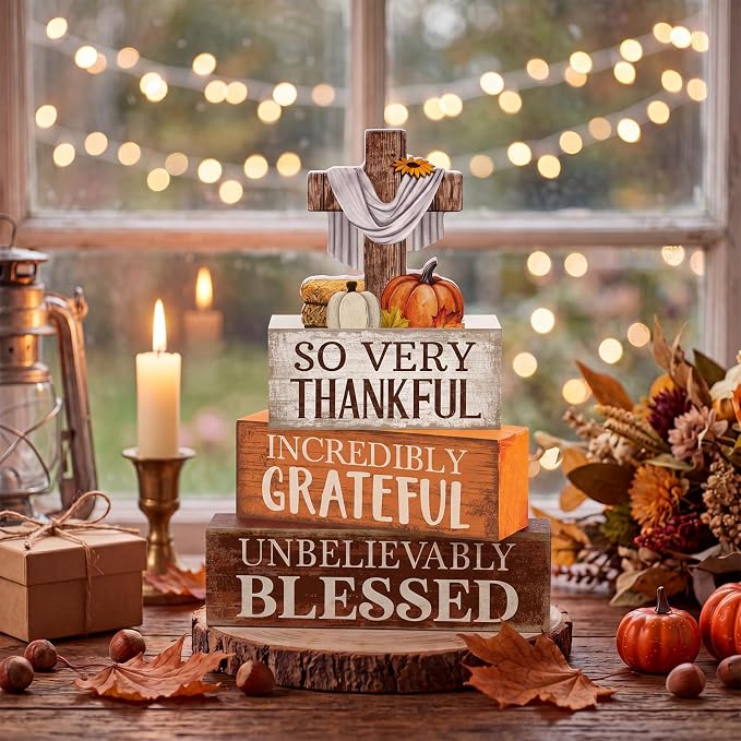 Moucuny 4 Pcs Fall Table Decoration for Home Religious Cross Stacked Signs | 4 Pcs Rustic Wood Stacked Sign with Cross and Harvest Elements. Great Thanksgiving Tabletop Decor for Home, Church, or Office - Image 6