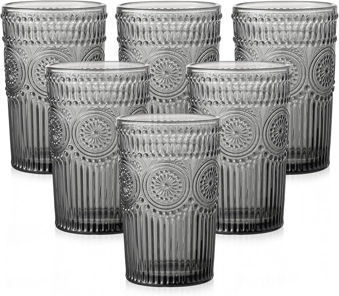 ZMOWIPDL Drinking Glasses Set of 6,13oz Flower Design Grey Glass Cups | Vintage Glassware,Textured Tumblers,Embossed Striped Drinkware for Water,Cocktails,Juice,Iced Coffee by ZMOWIPDL