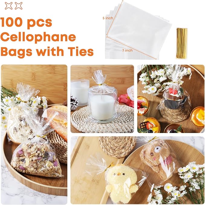 SUREHOME Cellophane Treat Bags 5x7 In 100 Pcs Individual Cookie Bags Small Plastic Clear Gift Bag with Ties for Gift Giving Birthday Party Favors Candy Snack Dessert Baked Goods Packaging - Image 7