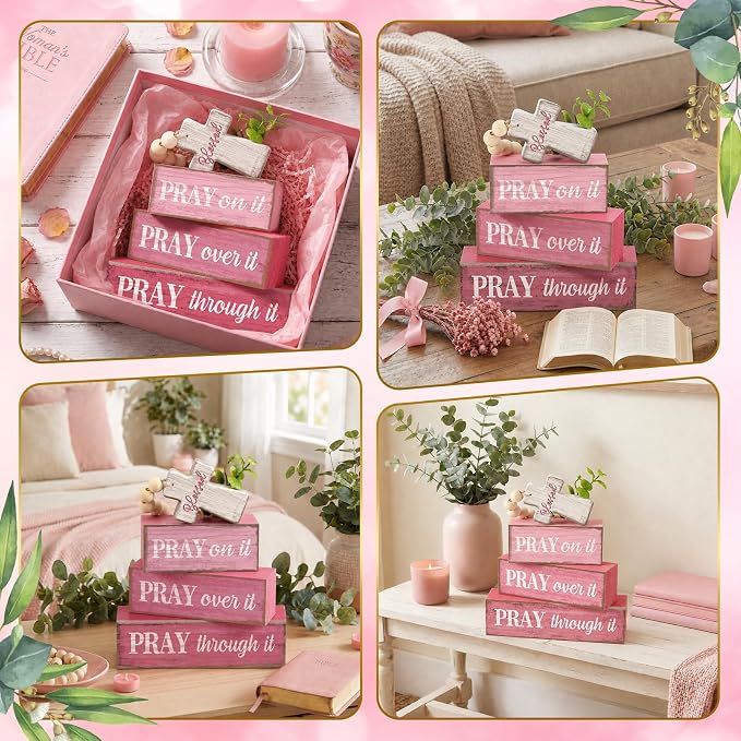 Moucuny 4 Pcs Pink Christian Table Decor Cross Wooden Bible Verse Sign Religious Pink Pray Block Signs Gifts with Beaded Garland Tassel Artificial Plant Farmhouse Christian Home Decor for Office Shelf - Image 6