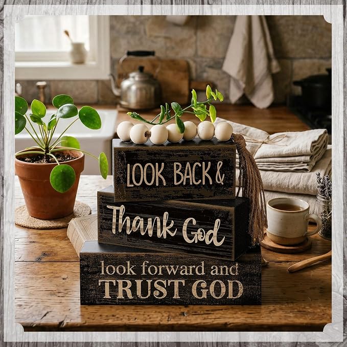 Moucuny 4 Pcs Farmhouse Table Decor Inspirational Wooden Signs Rustic Eucalyptus Leaves Wooden Block Sign Gift Thank and Trust God Farmhouse Table Centerpiece for Living Room Housewarming Gift - Image 8