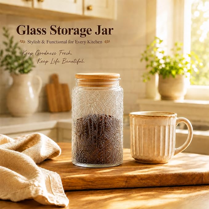 Glass Storage Jars with Airtight Bamboo Lid, 35 FL oz - Decorative Food Canisters for Kitchen Counter, Ideal for Sugar, Coffee, Tea, Candy, Cookies (35oz Large Sunflower) - Image 6