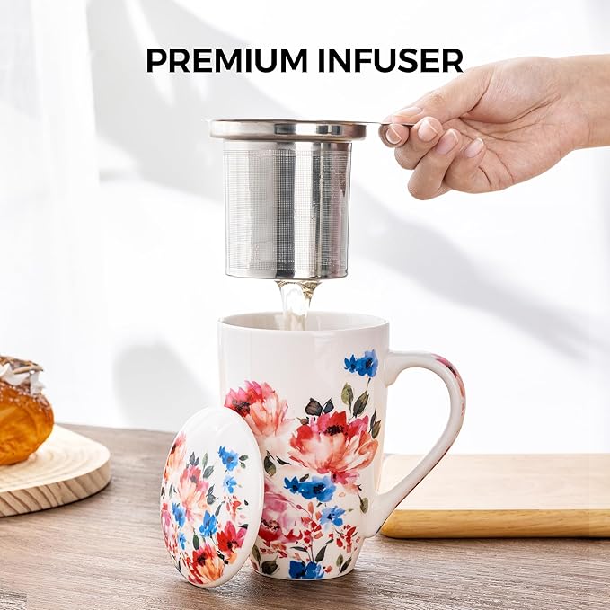 GBHOME Tea Mug with Infuser and Lid, 18 Ounce Large Ceramic Loose Leaf Cup, Microwave, Dishwasher Safe Steeping Mug, Pefect For Tea Lover