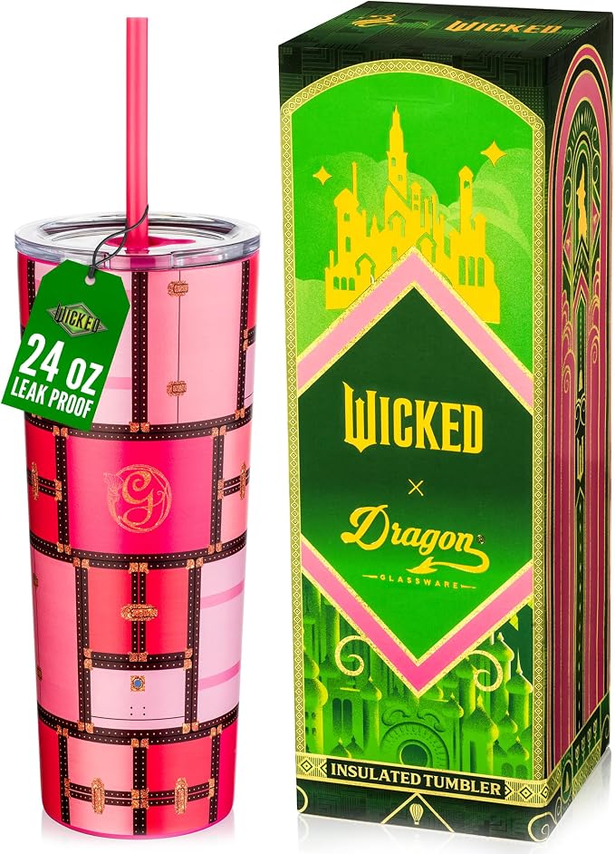 Dragon Glassware x Wicked Stainless Steel Tumbler with Straw, 24oz - Glinda | Vacuum Insulated Wicked Cup with Lid & Straw For Water & Iced Tea; Official Wicked Merch by DragonGlassware