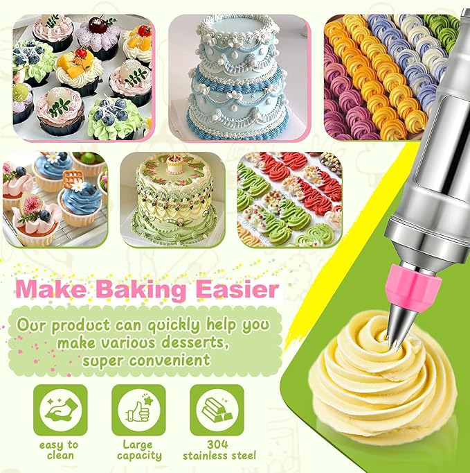 Dessert Decorating Syringe Set, Frosting Piping Kit icing piping kit 54 food-grade stainless steel piping nozzles for Baking, Decorating Cupcake, Deviled Eggs, Pink
