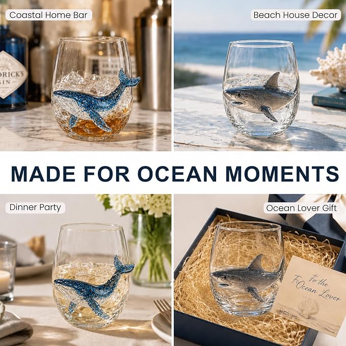 Coastal Stemless Wine Glasses Set of 4, 12oz 3D Ocean Animal Artisan Glassware Collection with Unique Sea Life Designs (K - Set of 2) - Image 4