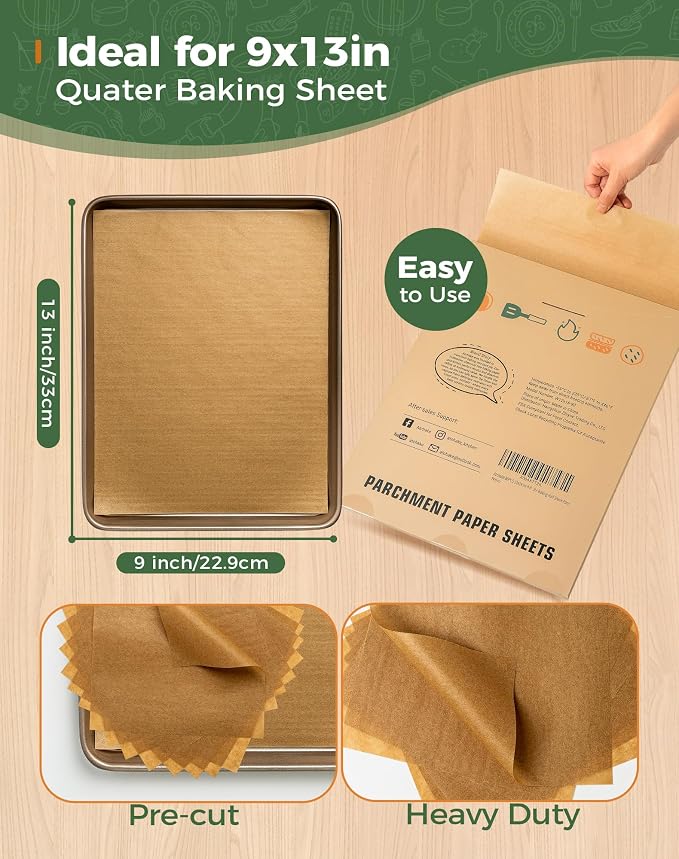 9x13 Unbleached Parchment Paper Sheets for Baking, Precut Brown Parchment Paper for Oven, Air Fryer, Non-Stick Greaseproof Baking Paper for Quater Sheet, Cookies Bread Pizza Cake Bake, 100PCS - Image 2