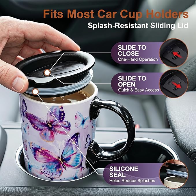 Topadorn 17oz Ceramic Travel Mug with Lid, Coffee Cup with Gift Box | Watercolor Butterfly Coffee Mug with Handle, Microwave & Dishwasher Safe, Gift Box Included - Image 5