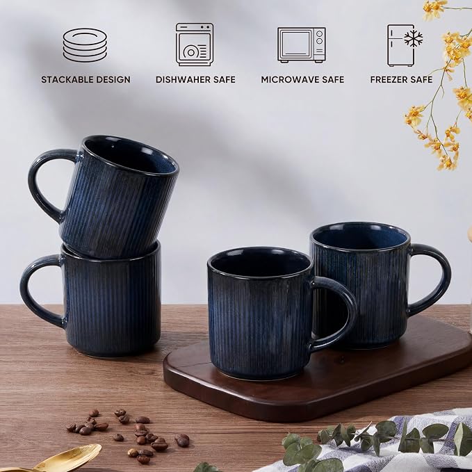 E-far Coffee Mugs Set of 4, 12 oz Stoneware Coffee Cups with Handle for Latte, Tea, Cocoa, Milk, Modern Ribbed Ceramic Mugs for Man Woman, Microwave & Dishwasher Safe, Midnight Blue - Image 8