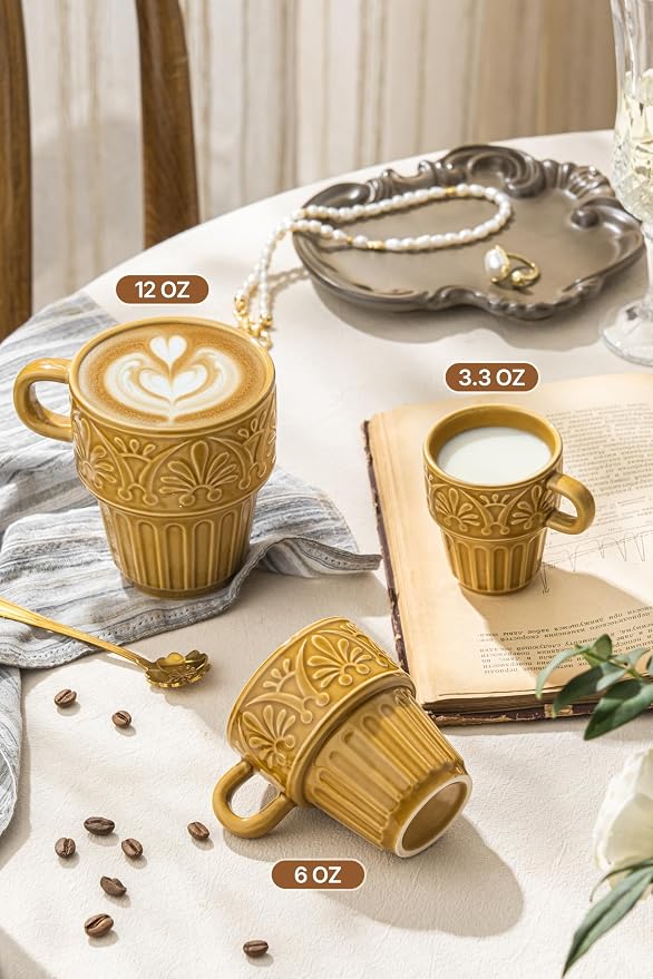 Cappuccino Cups, Espresso Cups, Stackable Mug Set of 6, Ceramic Coffee Mug 6 OZ Khaki for Hot Drinks Milk Dessert, Suitable for Home office Restaurant, Perfect for Holiday & Housewarming Present - Image 6