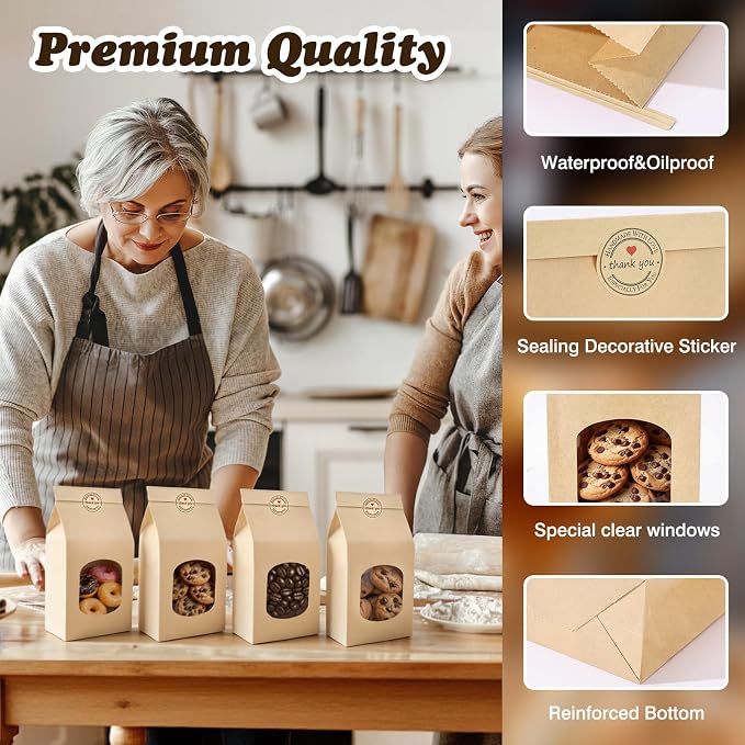 100Pcs Cookie Bags Bakery Bags with Window，Brown Kraft Paper Bags with Tin Tie Tab Lock，108 Labels Treat Bags for Homemade Cookies, Pastries, Coffee Bean, Goodies(9.8"x4.7"x2.6") - Image 5