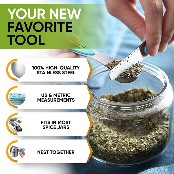 Spring Chef Magnetic Measuring Cups & Spoons Set of 15, Patented, Aqua Sky | Stackable Stainless Steel Measuring Cups & Heavy Duty Metal Measuring Spoons with Levelers for Dry & Liquid Ingredients - Image 5