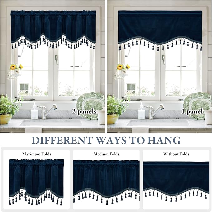 Navy Blue Tassel Velvet Valances Curtains 52x18 Inch 2 Panels | Luxury Thick Scalloped Valances for Kitchen, Office, Rod Pocket Privacy Home Decoration for Living Room - Image 5