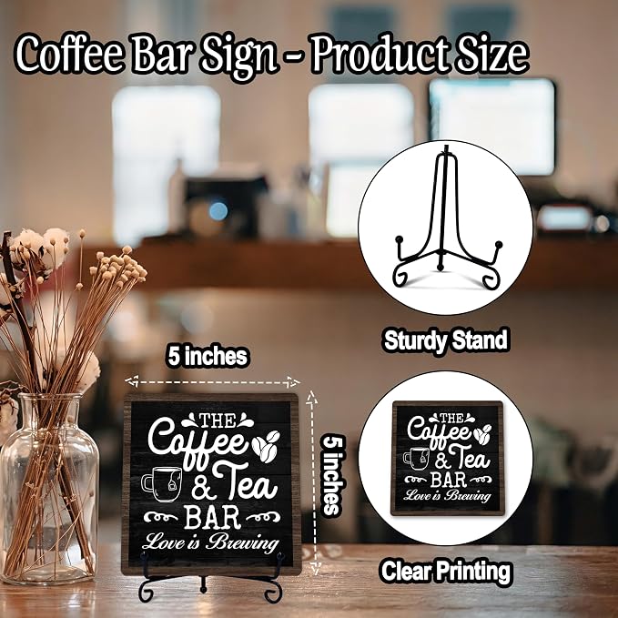 Coffee Bar Sign, Love is Brewing Farmhouse Tabletop Decor, Coffee and Tea Lover Gifts, 5x5 Wood Plaque with Iron Stand for Home Kitchen Cafe, Coffee Bar Decor – L05 - Image 2