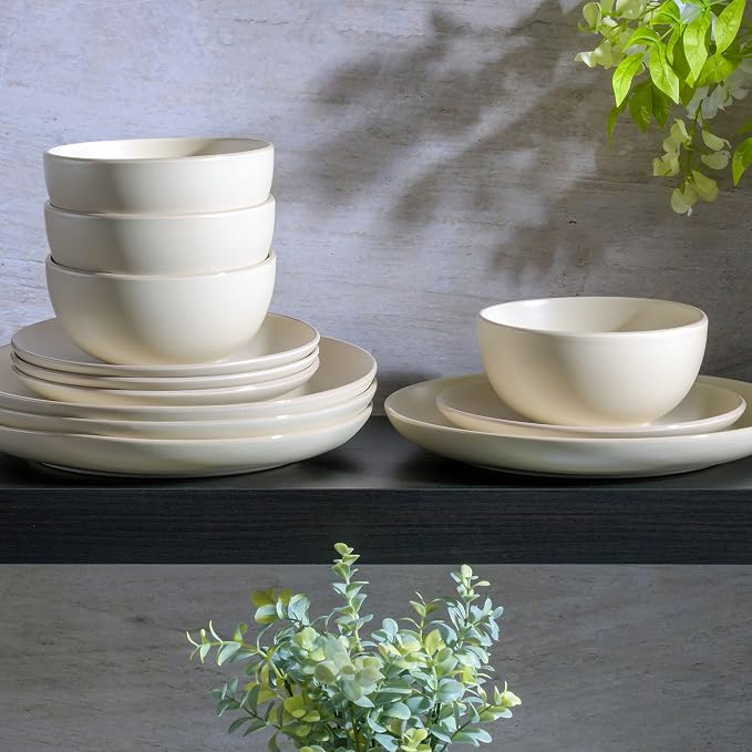 Gibson Home Rockaway 12-Piece Round Stoneware Dinnerware Set, Service for 4 – Cream Plates and Bowls, Modern Matte Finish, Microwave & Dishwasher Safe - Image 4