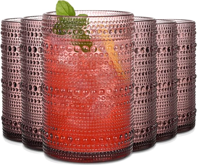 Purple Hobnail Drinking Glasses Set of 6,15 oz Vintage Highball Glasses,Drinkware Kitchen Glasses for Cocktail,Iced Coffee,Beer,Ice Tea,Wine,Whiskey,Water by JPPSUJJ
