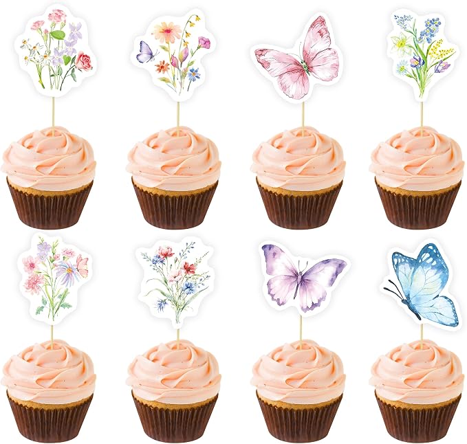 40 Pcs Wildflower & Butterflies Cupcake Toppers - 8 Styles, 5 Pcs Each - Non-Edible Cake Toppers for Wedding, Birthday, Party Decorations by Unknown