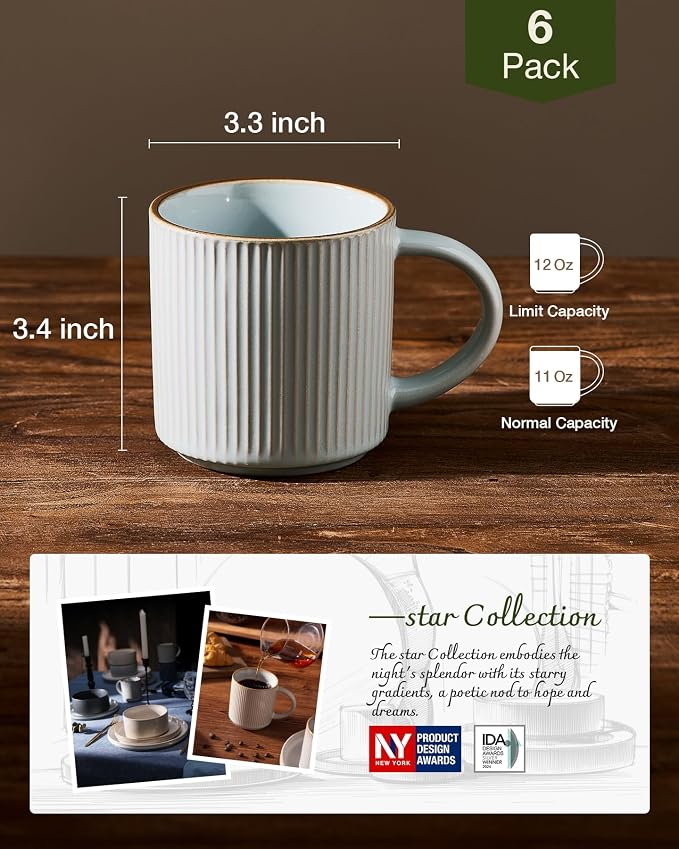famiware Star Coffee Mug Set for 6, Handcrafted 12 oz Ceramic Stoneware Mugs Cup Set, Chip-Resistant & Stackable, Dishwasher/Microwave Safe, Light Blue - Image 4
