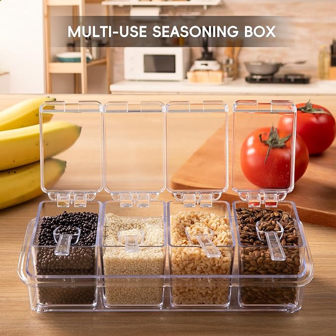 Clear Seasoning Box, 4 Pieces Seasoning Rack Spice Pots, Storage Container Condiment Jars Acrylic Seasoning Box with Covers and Spoons for Spice, Sugar, Salt, Sugar, Cardamon, Cinnamon - Image 3
