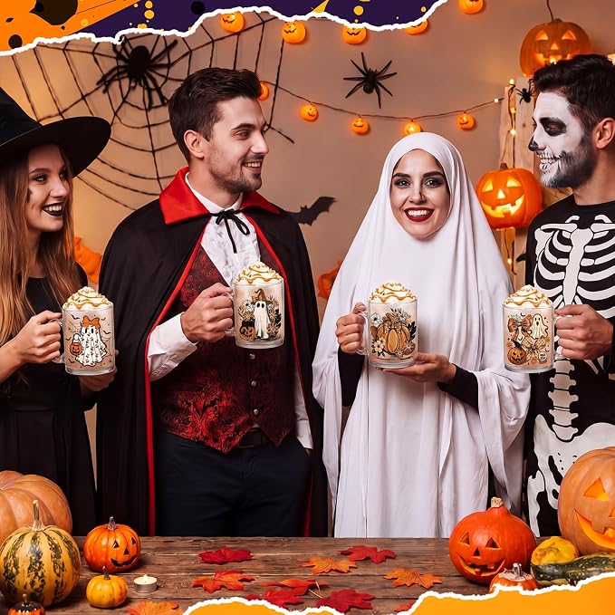 Tioncy 4 Pcs Halloween Ghost Coffee Mugs 12 oz Pumpkin Glass Cups with Handle Orange Bow Coffee Cup Horror Gifts Drinking Containers for Halloween Holiday Party - Image 4
