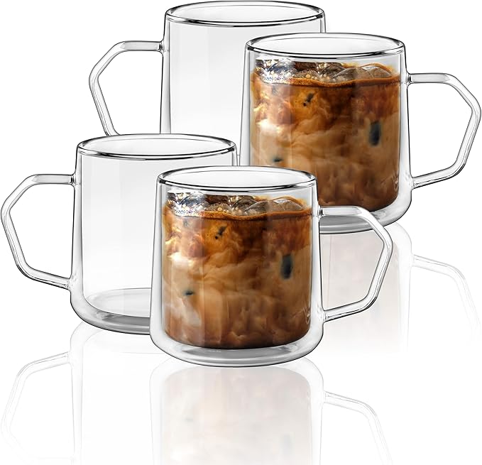 Double Wall Glass Coffee Mugs with Handle, 12oz Insulated Borosilicate Clear Cups for Latte Cappuccino Espresso Tea, Set of 4 by Unknown