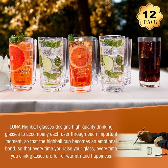 Drinking Water Glass Cups Set,Crystal Highball Glasses cups set of 12,16oz | Wide Mouth Design Tall Glassware for Cocktail Parties, Family Dinners - Image 6
