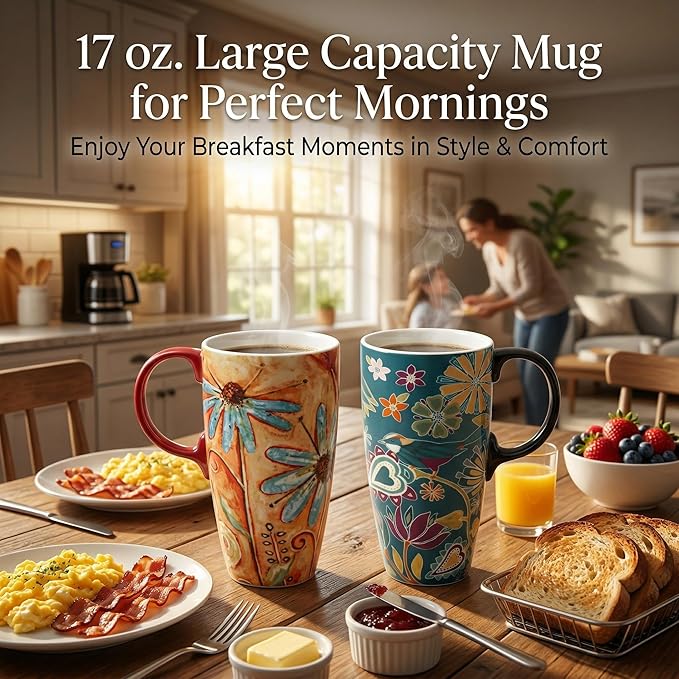 Topadorn Set of 2 Ceramic Travel Mugs with Lid, 17oz Ceramic Coffee Mug | Colorful Folk Art Floral & Bird Design, Microwave & Dishwasher Safe, Gift Boxes Included - Image 6