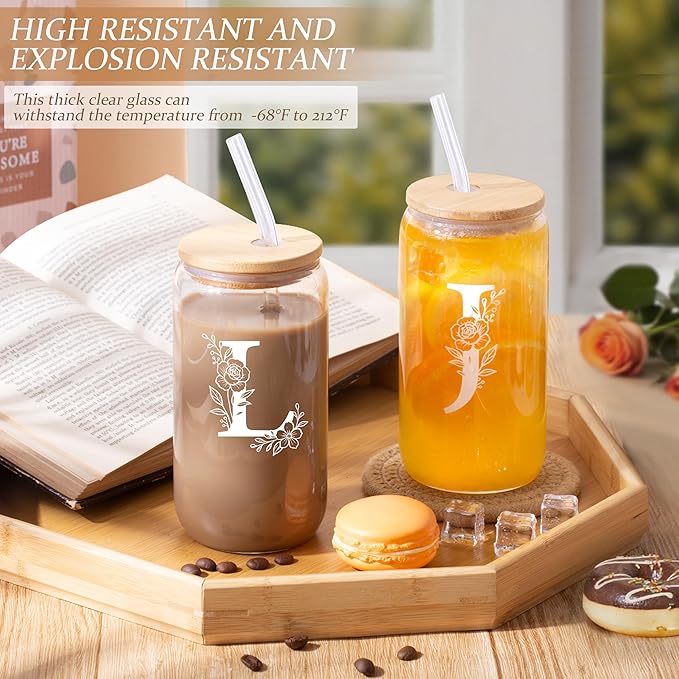 Personalized Gifts for Women, Monogrammed Gifts for Women, Initial 16 oz Glass Cups With Lids and Straws, Customized Mug, Personalized Birthday Gifts Christmas Gifts for Her Mom Friend Woman, L