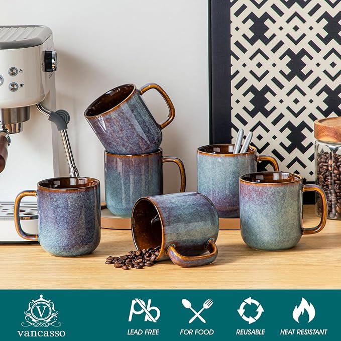 vancasso 16 oz Coffee Mugs Set of 6, Large Ceramic Mug with Handle, Unique Glaze Coffee Cups for Latte, Cappuccino & Hot Cocoa, Dishwasher & Microwave Safe, Blue, Series ONION - Image 3