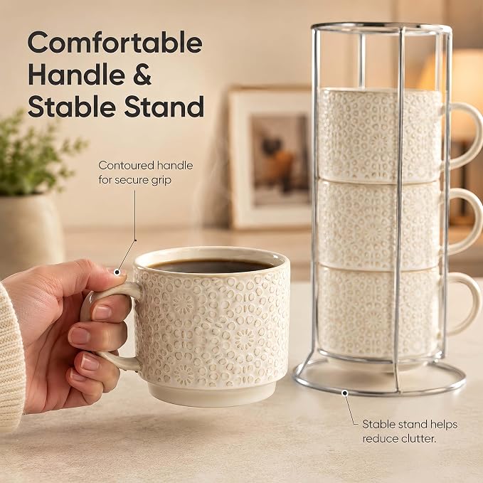 6 Oz Coffee Cups Set of 4, Stackable Espresso Cups with Metal Stand, Ceramic Cappuccino Cup, Embossed Coffee Mugs for Latte, Cocoa, Mocha, Tea, Housewarming Present, Dishwasher Safe - Image 2