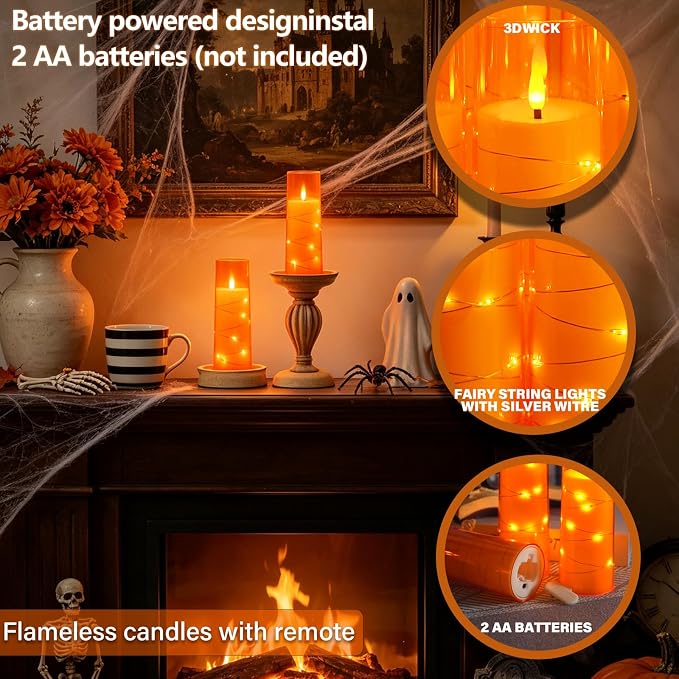 Sasigeiaa Flameless Candles with Embedded Star String - Battery Operated LED Candles, with Remote,7 Orange Flickering Candles for Christmas, Weddings, Home Decor & Party,(D 2.3"×H 5" 6" 7") - Image 3