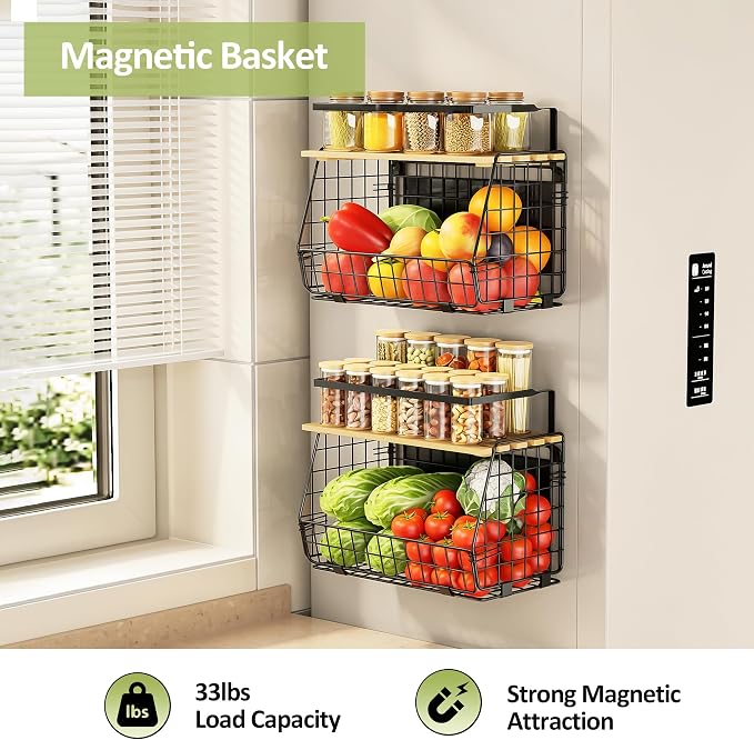 2 Pack Magnetic Shelf for Fridge, Fruit Potato Onion Storage Bins | Magnetic Basket with Lid, Side of Fridge Storage, Produce Basket for Fruits Vegetables Spices, Kitchen Pantry Organizer - Image 2
