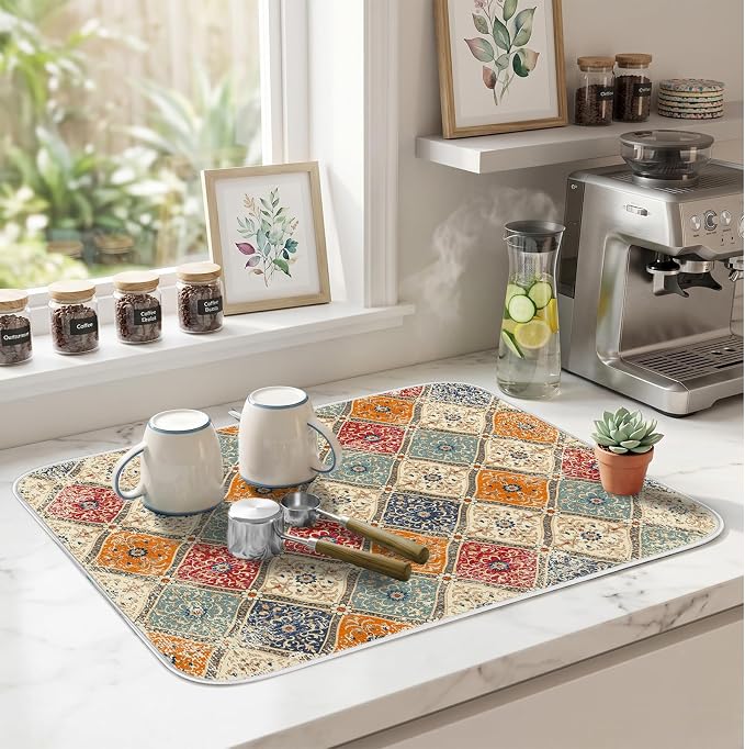 Bohemian Vintage Dish Drying Mat for Kitchen Counter Coffee Bar 18x24 in | Decorative Non Slip Absorbent Kitchen Dishes Drainer Mat, with Anti-slip Rubber Backing & Hanging Loop, for Sink, Home Gift - Image 5