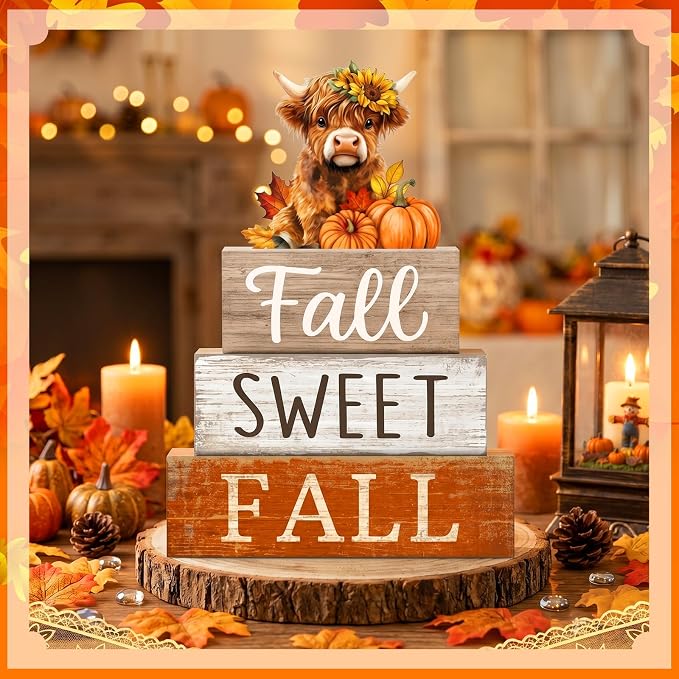 Moucuny 4 Pcs Fall Decoration for Highland Cow Home Fall Table Decor Wooden Stacked Block Decor with Sunflower Cow & Pumpkin Topper Rustic Thanksgiving Tiered Tray Decoration for Harvest Home Kitchen - Image 6
