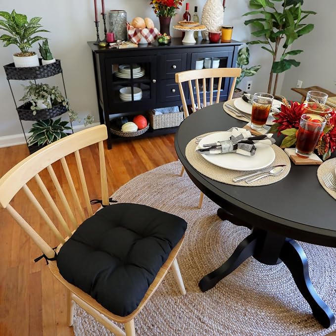 Barnett Home Decor Extra-Thick Dining Chair Pad with Ties - Solid Color Cotton Duck - Reversible, Latex Fill, Tufted Cushion - Black - Image 4