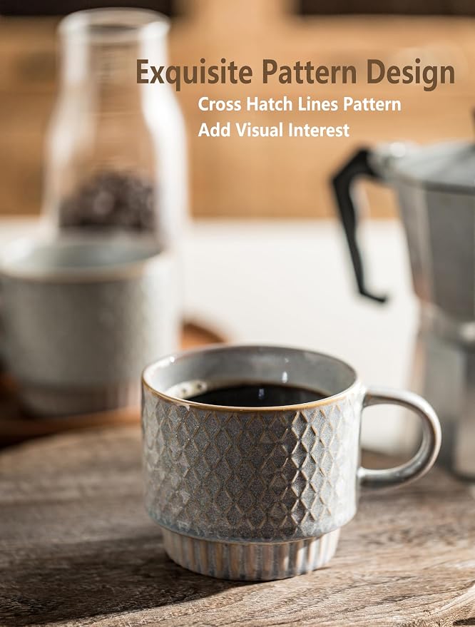 Gomakren Stackable Coffee Mugs Set of 4 Coffee Cups with Stand, Light Gray | 13oz Ceramic Embossed Grid Mugs, Black Metal Storage Rack, Lead-Free Dishwasher Safe, with Gold Spoons for Home Coffee Bar - Image 5