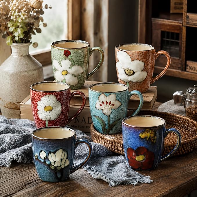 Maxdot 6 Pcs 12oz Ceramic Coffee Mugs Sets Glazing Process Cappuccino Mug Floral Ceramic Tea Cups Idea Gift Set for Women Porcelain Cup for Coffee, Cocoa, Tea, Latte (Retro) (Retro) - Image 3