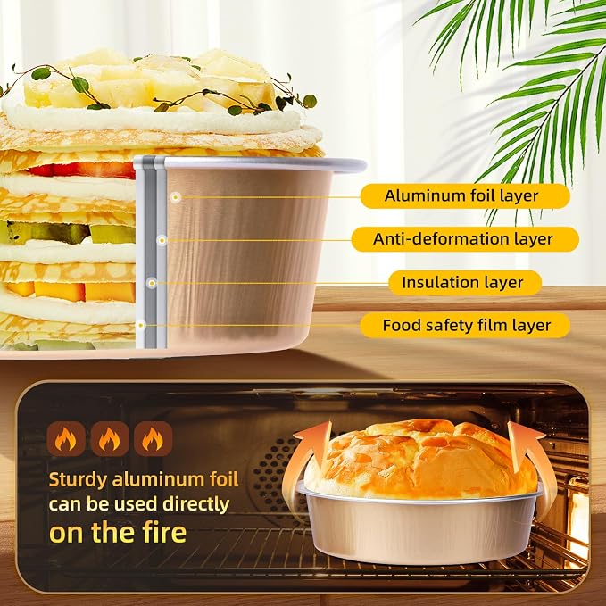 Beasea Mini Ramekins with Lids, 120 Pack 4 Inch 8oz Disposable Creme Brulee Tart Pie Tins Rose Gold Small Aluminum Foil Cake Baking Tins Pans Individual Round Containers Oven Safe for Baking - Image 3