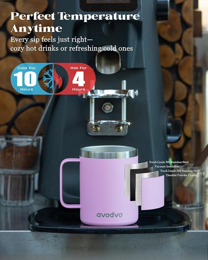 12oz Insulated Coffee Mug with Lid – Includes Two Lids, Stainless Steel Coffee Travel Mug with Handle, Double Wall Vacuum Insulated Camping Mug for Home, Office & Outdoor, Pink - Image 2
