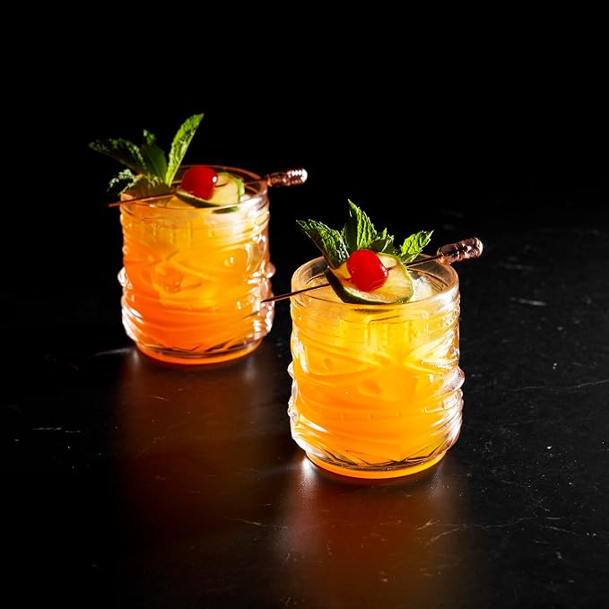 Viski Pacific Tiki Glasses Stackable Lowball DOF Tumblers, Tropical Cocktail and Bar Gifts for Rum and Whiskey, 12 Oz, Set of 2 - Image 8